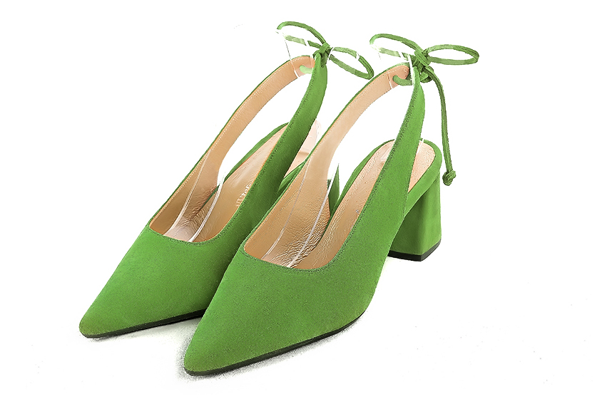 Dress slingback heels in grass green leather with medium flare heels and pointed toe - Front view